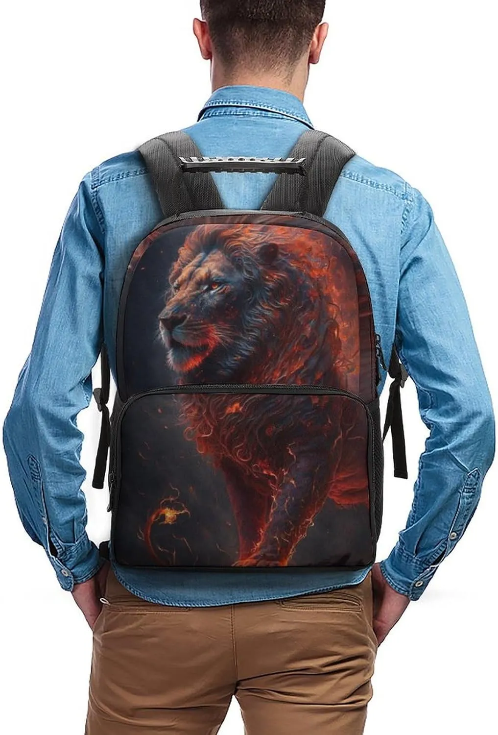 Men & Women Lightweight Cool Lion Fire Surreal Style Art Casual Daypack Large Capacity Bookbag With Adjustable Shoulder Straps for Gym Business Bicycle