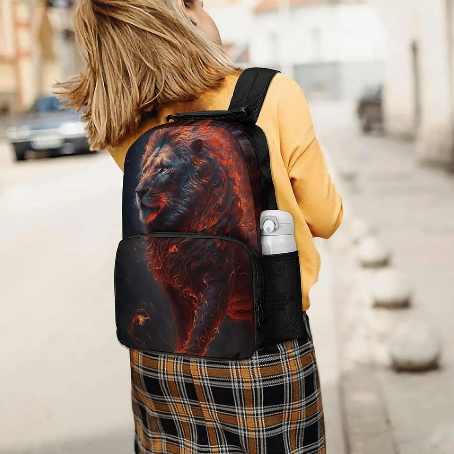 Men & Women Lightweight Cool Lion Fire Surreal Style Art Casual Daypack Large Capacity Bookbag With Adjustable Shoulder Straps for Gym Business Bicycle