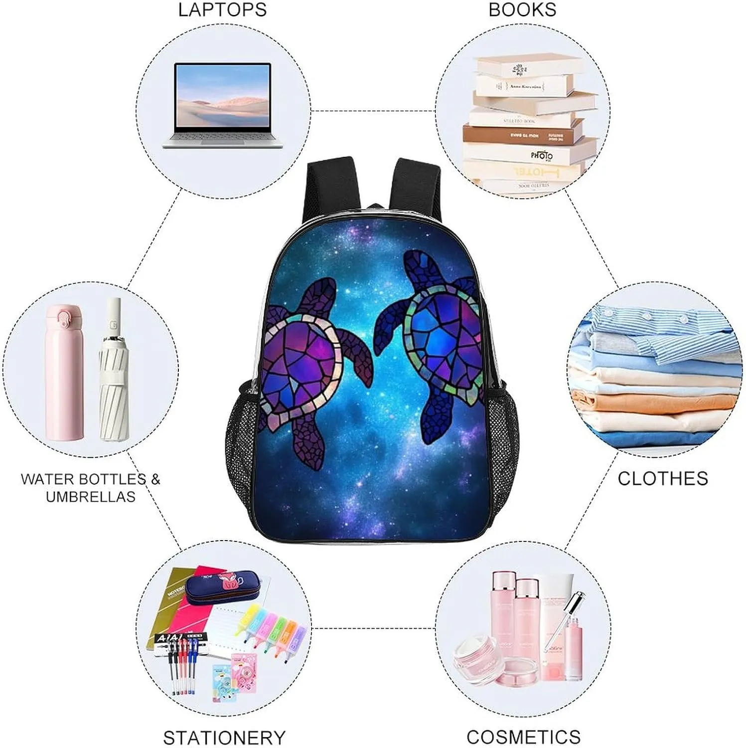 Men & Women Lightweight Sea Turtle Galaxy Art Casual Daypack Large Capacity Bookbag Transparent Bag for Gym Business Bicycle