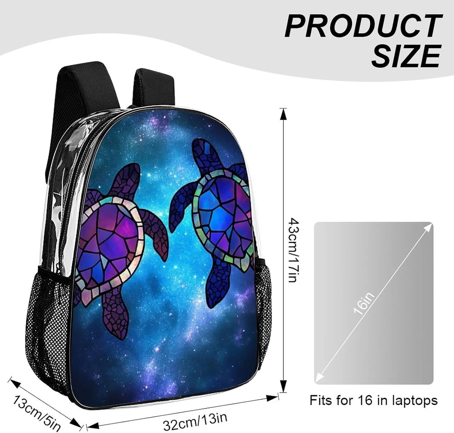 Men & Women Lightweight Sea Turtle Galaxy Art Casual Daypack Large Capacity Bookbag Transparent Bag for Gym Business Bicycle