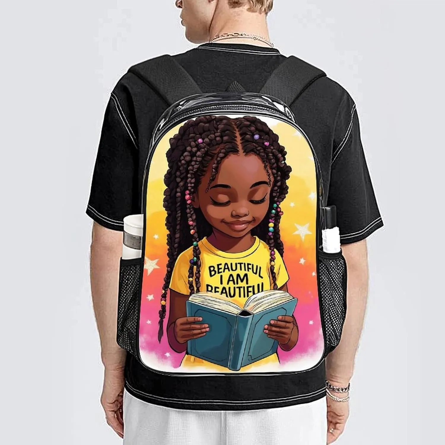 Men Women Lightweight African American Black woman Book Art Backpack Large Capacity Carry On Bag Transparent Bag for Sports Work Walking Cycling