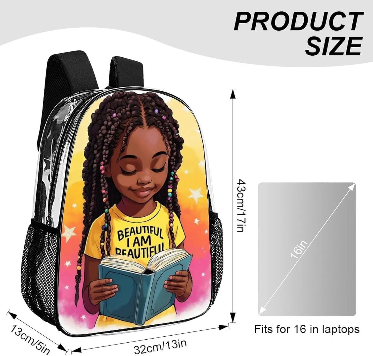 Men Women Lightweight African American Black woman Book Art Backpack Large Capacity Carry On Bag Transparent Bag for Sports Work Walking Cycling