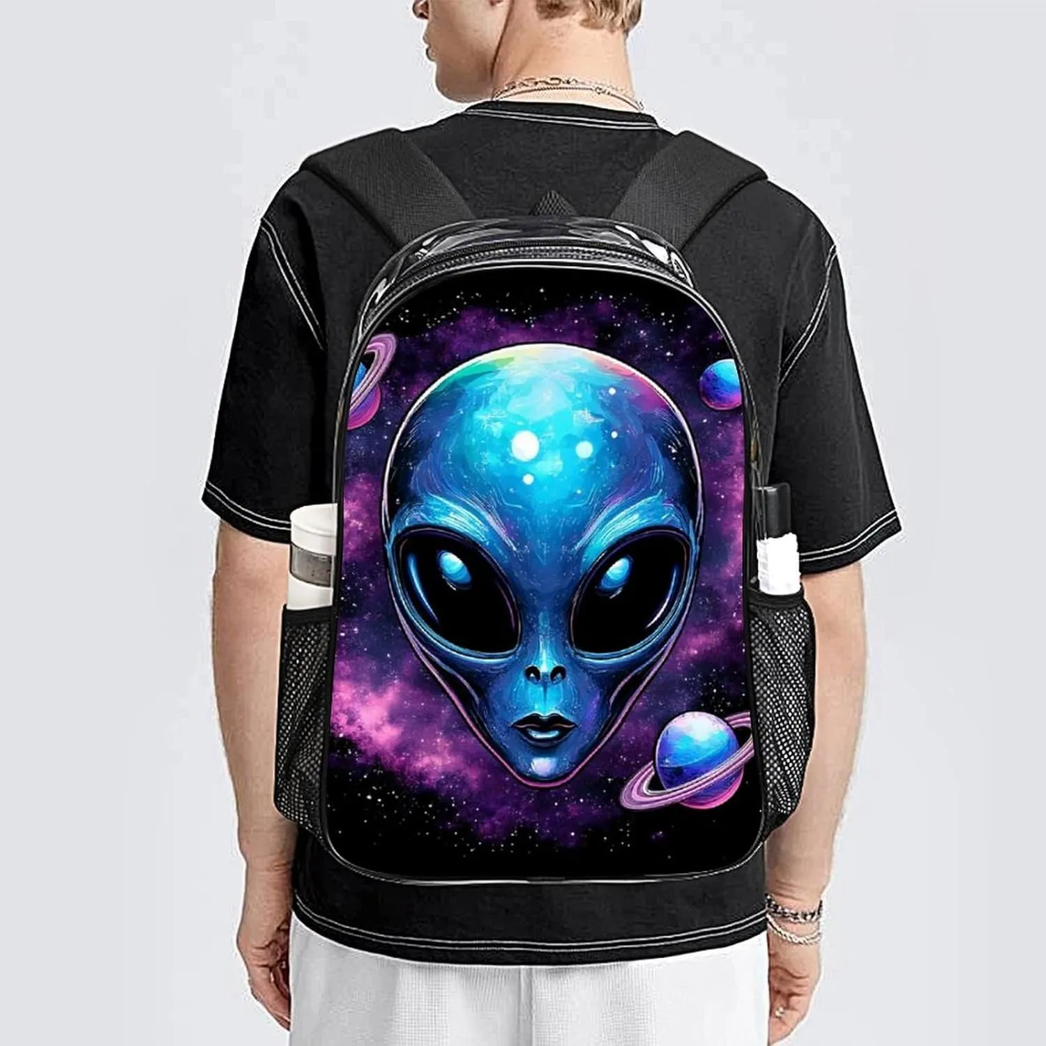 Men Women Lightweight Alien And Ufo Space Universe Art Backpack Large Capacity Carry On Bag Transparent Bag for Sports Work Walking Cycling