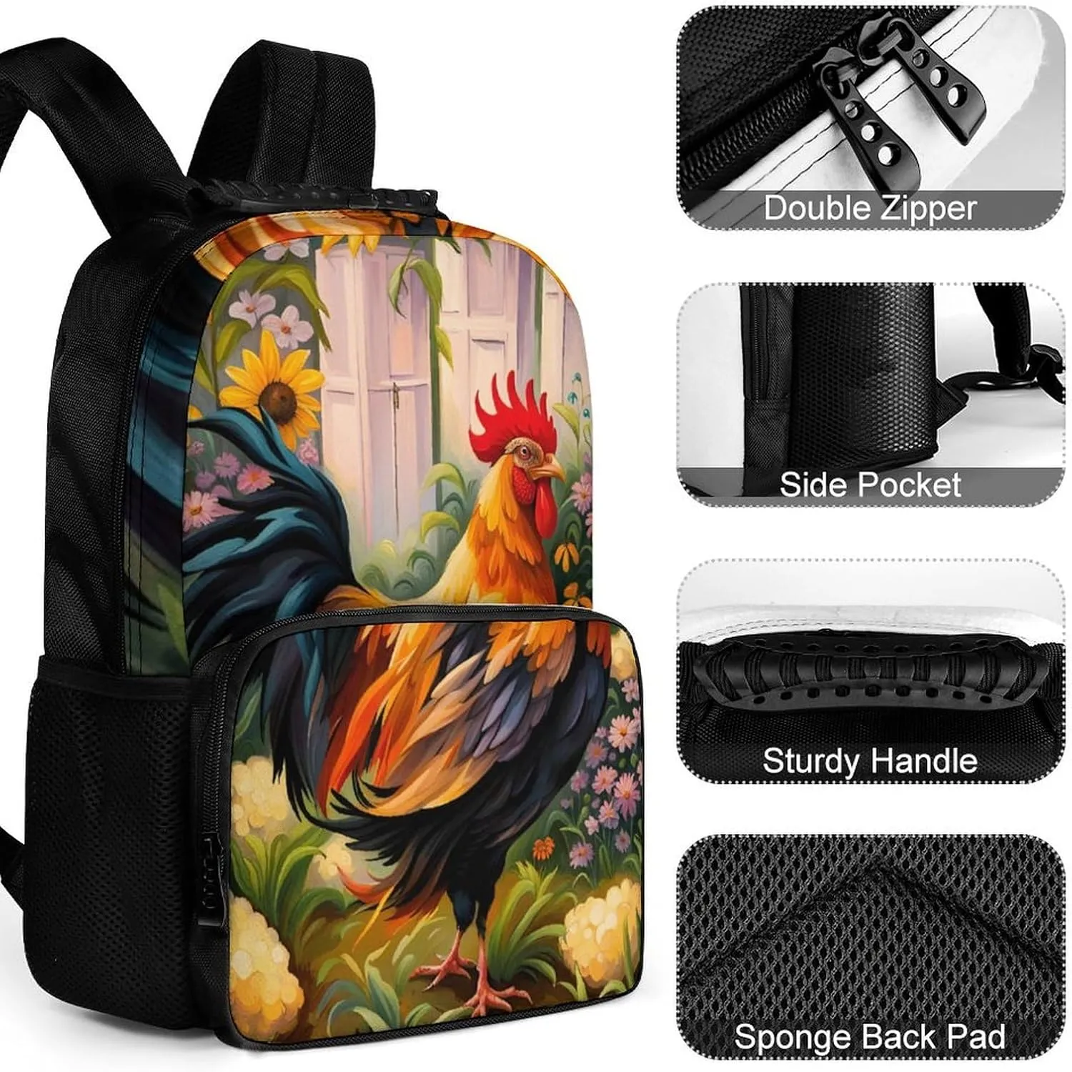 Men Women Lightweight Chicken Rooster Garden Flowers Painting Backpack Large Capacity Carry On Bag With Padded Straps for Sports Work Walking Cycling