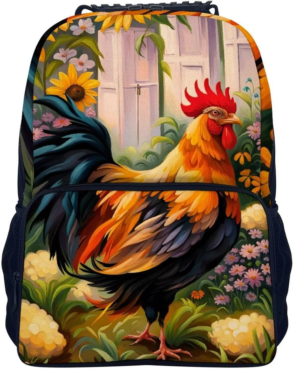 Men Women Lightweight Chicken Rooster Garden Flowers Painting Backpack Large Capacity Carry On Bag With Padded Straps for Sports Work Walking Cycling