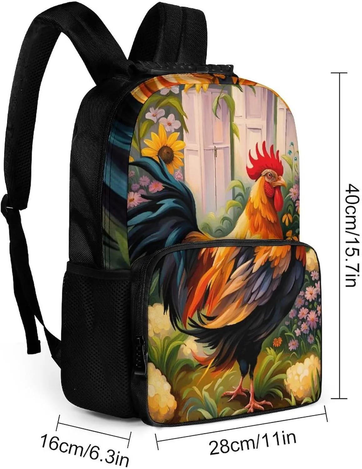 Men Women Lightweight Chicken Rooster Garden Flowers Painting Backpack Large Capacity Carry On Bag With Padded Straps for Sports Work Walking Cycling