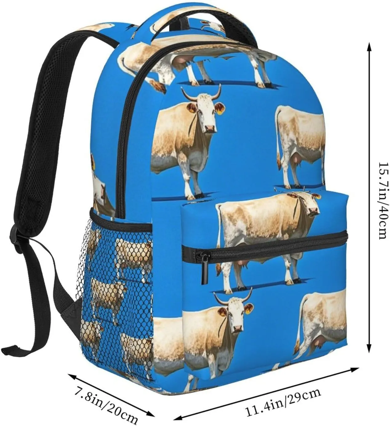 Men Women Lightweight Cute White Cattle Art Backpack Large Capacity Carry On Bag With Padded Straps for Sports Work Walking Cycling