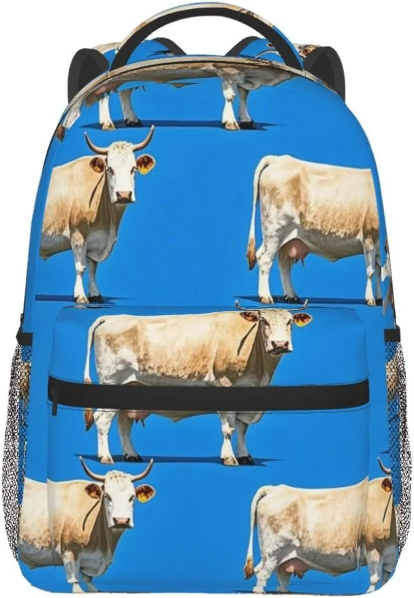 Men Women Lightweight Cute White Cattle Art Backpack Large Capacity Carry On Bag With Padded Straps for Sports Work Walking Cycling