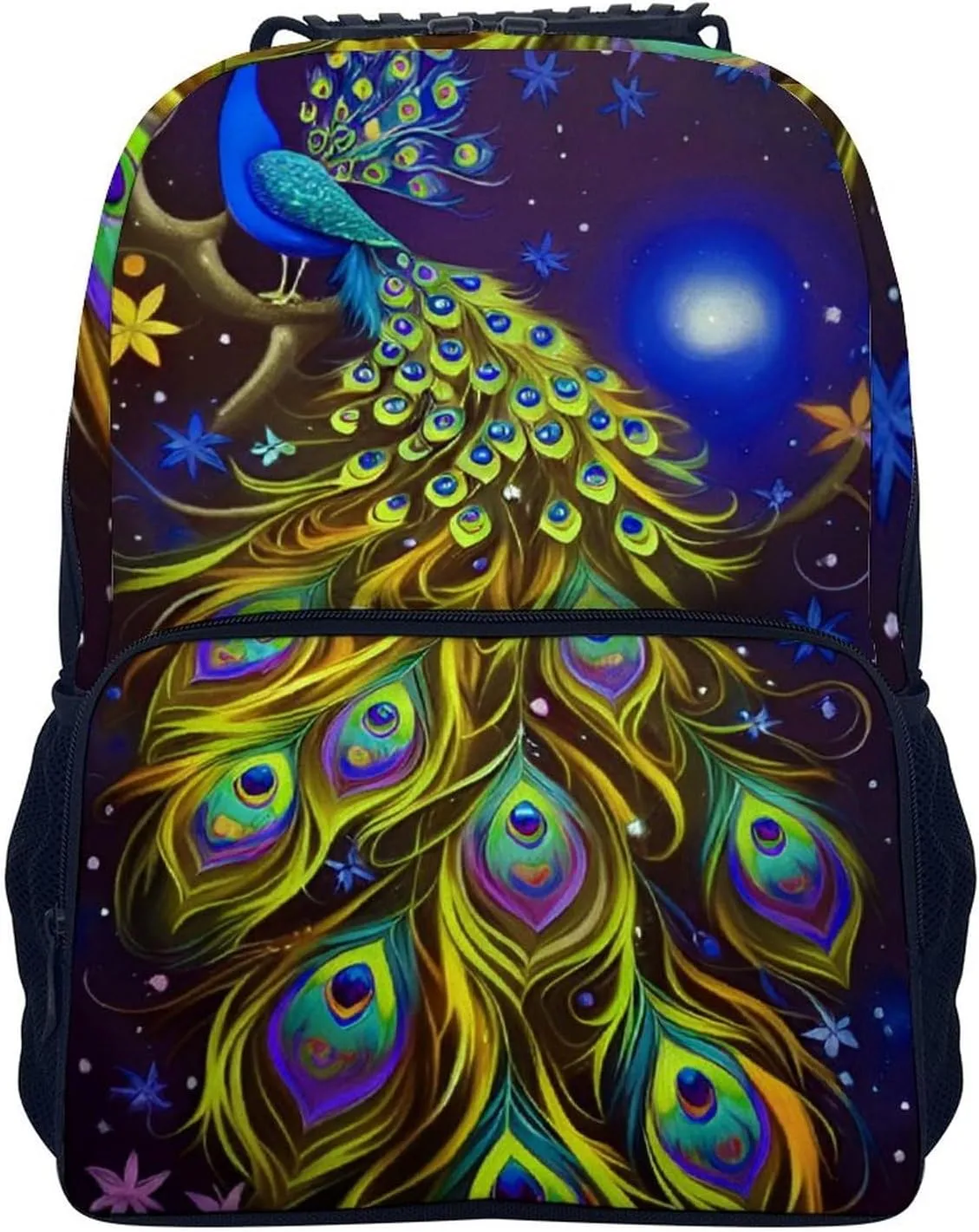Men Women Lightweight Peacock Animal Oil Painting Backpack Large Capacity Bookbag With Smooth Zippers for Gym Business Running
