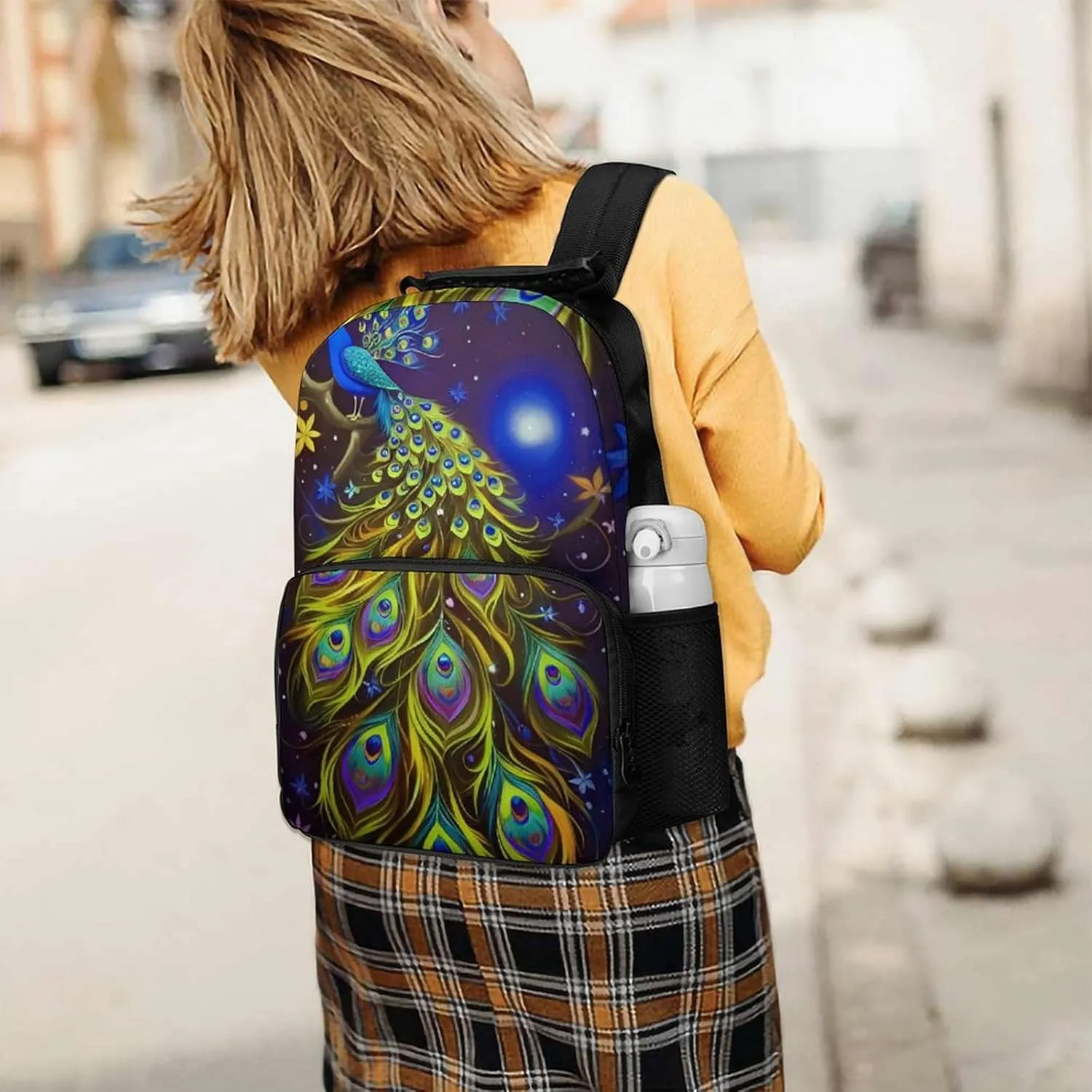 Men Women Lightweight Peacock Animal Oil Painting Backpack Large Capacity Bookbag With Smooth Zippers for Gym Business Running