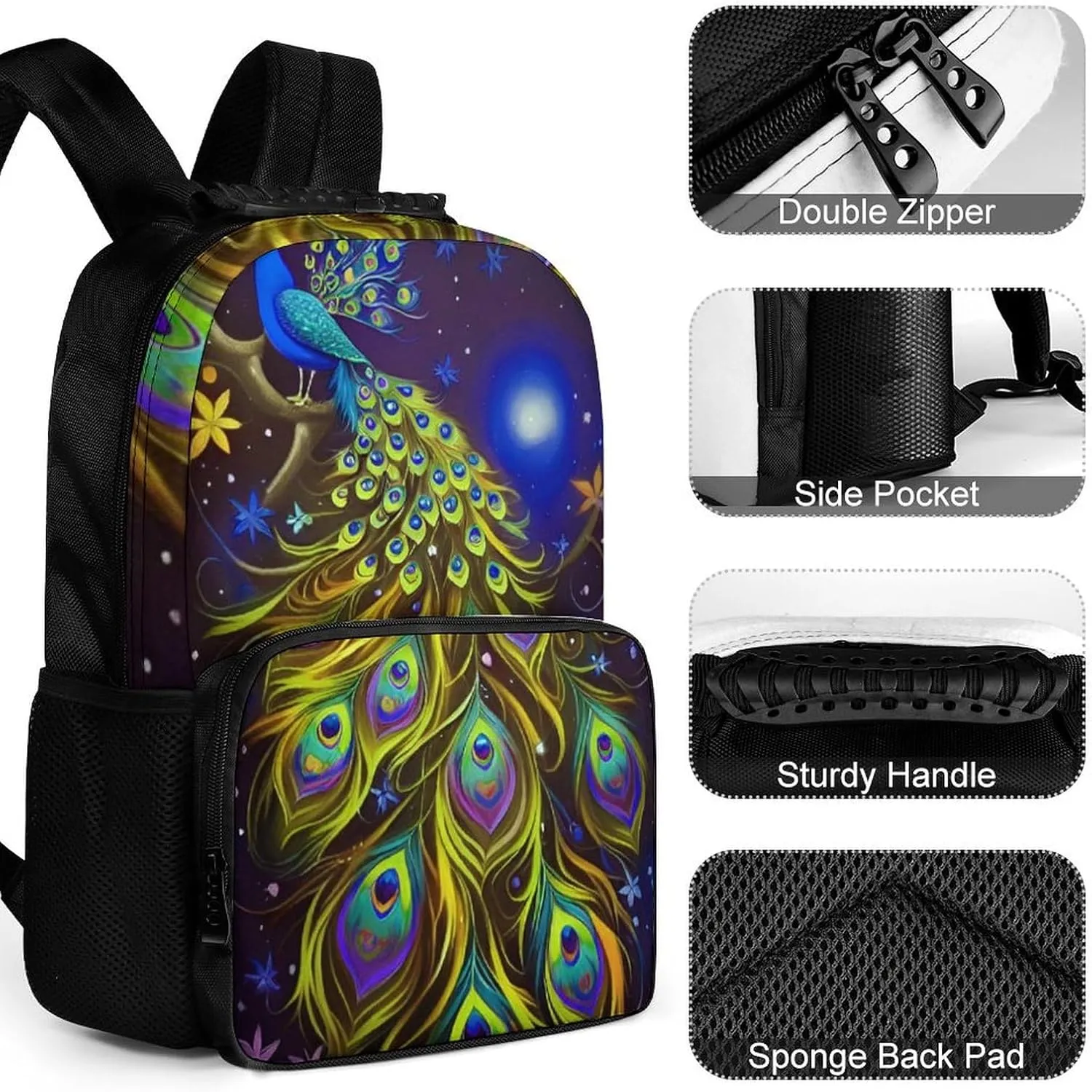 Men Women Lightweight Peacock Animal Oil Painting Backpack Large Capacity Bookbag With Smooth Zippers for Gym Business Running