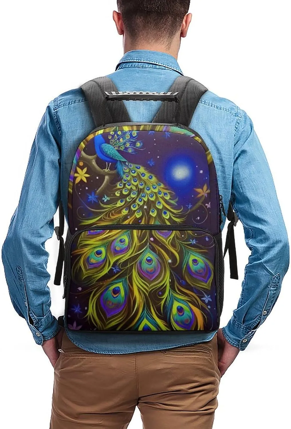 Men Women Lightweight Peacock Animal Oil Painting Backpack Large Capacity Bookbag With Smooth Zippers for Gym Business Running