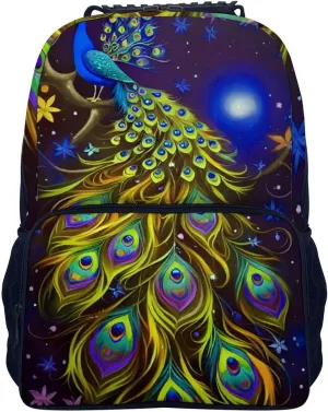 Men Women Lightweight Peacock Animal Oil Painting Backpack Large Capacity Bookbag With Smooth Zippers for Gym Business Running