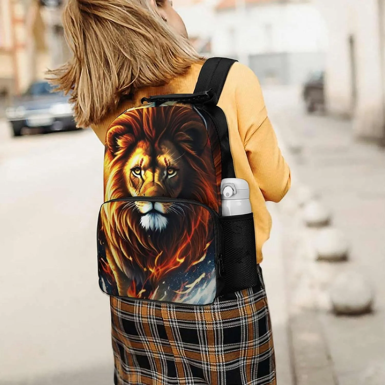 Men Women Polyester Cool Lion In The Space Surreal Style Art Casual Daypack Large Capacity Carry On Bag With Adjustable Shoulder Straps for Camping Work Running