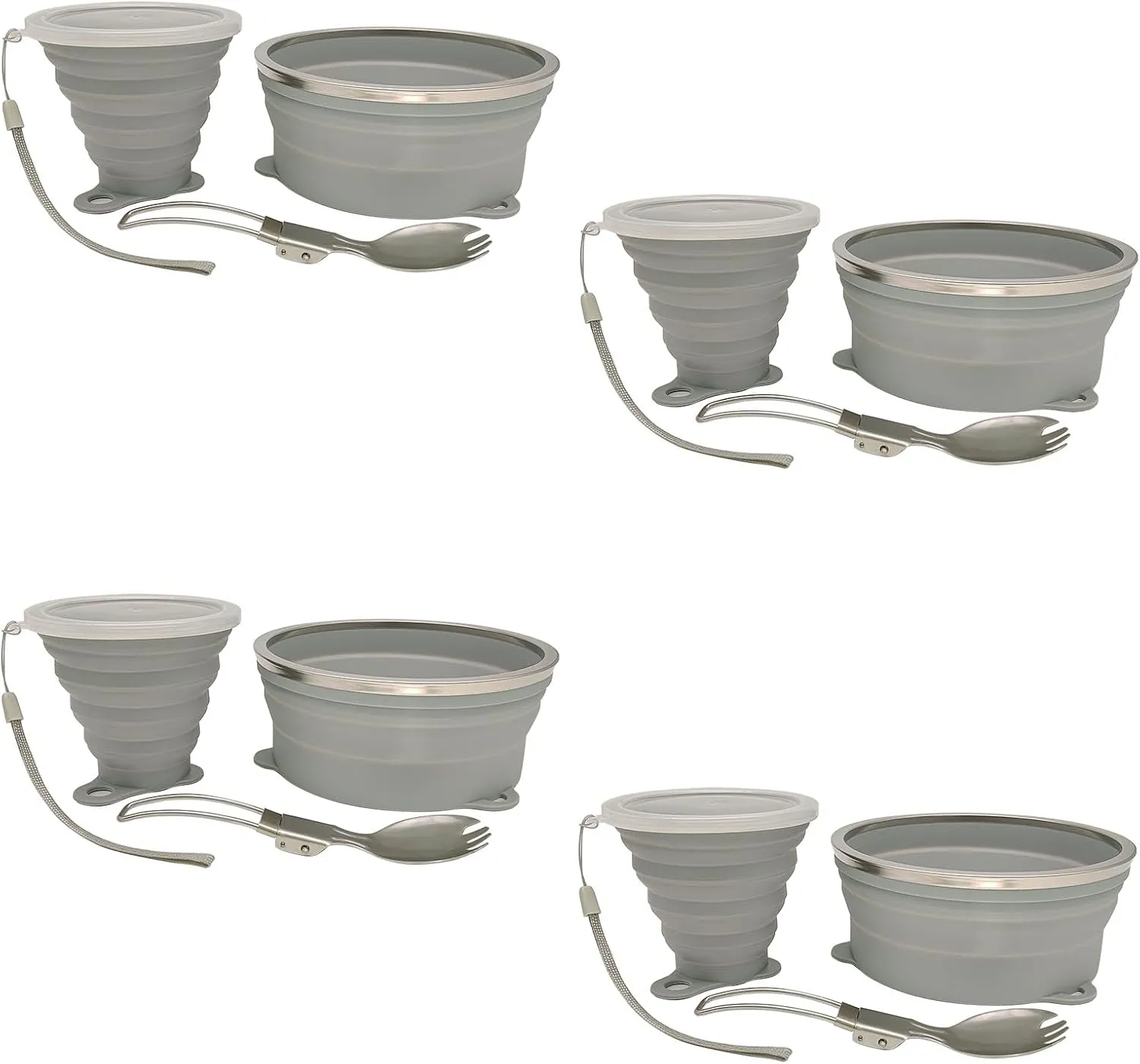 Mess Kit for Camping Silicone Collapsible Bowl Collapsible Cup and Stainless Steel Spoon for Backpacking Outdoor Hiking Traveling and Picnic - 4 Pack