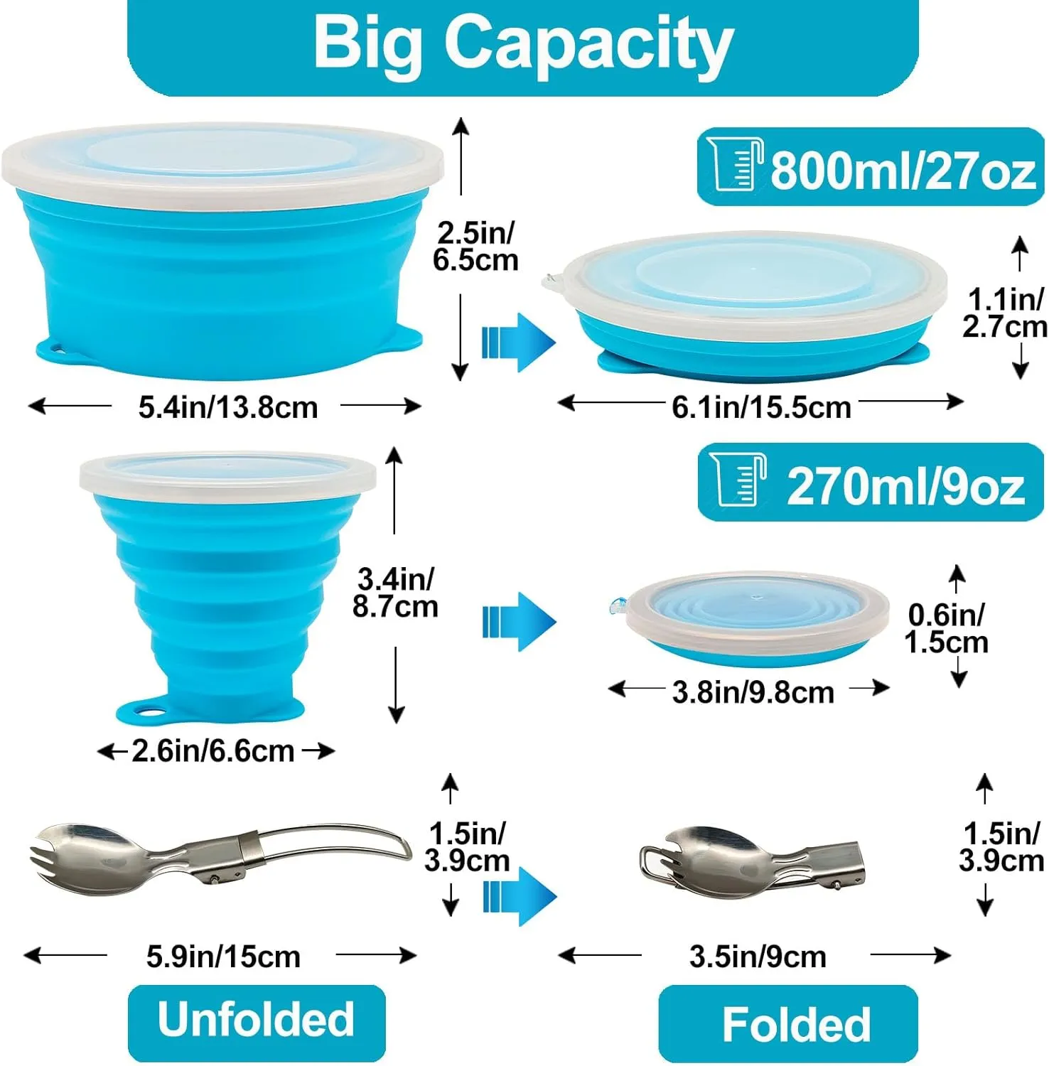Mess Kit for Camping Silicone Collapsible Bowl Collapsible Cup and Stainless Steel Spoon for Backpacking Outdoor Hiking Traveling and Picnic - 4 Pack