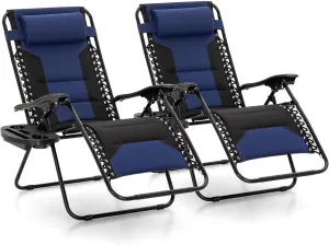 MFSTUDIO Padded Zero Gravity Chair Set of 2, Folding Patio Lounge Recliner with Adjustable Pillows & Cup Holder for Poolside Backyard, Support 400lbs(Navy Blue)