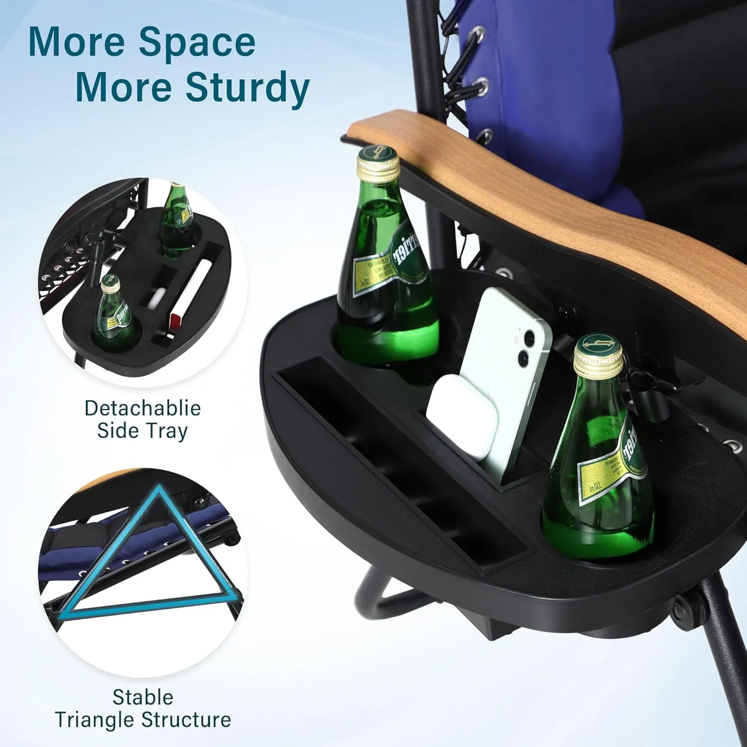 MFSTUDIO Zero Gravity Chairs, Oversized Patio Recliner Chair, Padded Folding Lawn Chair with Cup Holder Tray, Support 400lbs, Navy Blue