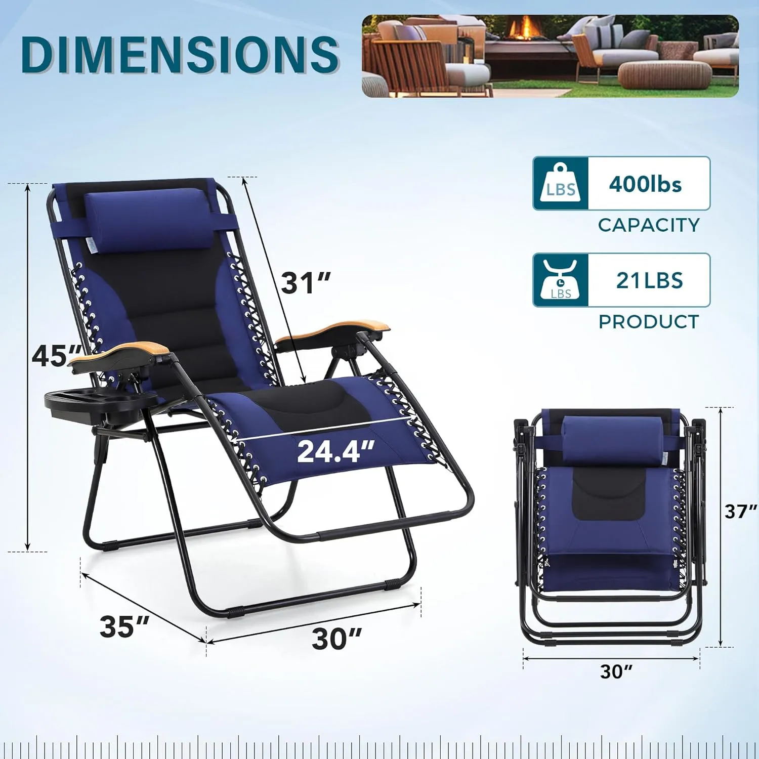 MFSTUDIO Zero Gravity Chairs, Oversized Patio Recliner Chair, Padded Folding Lawn Chair with Cup Holder Tray, Support 400lbs, Navy Blue
