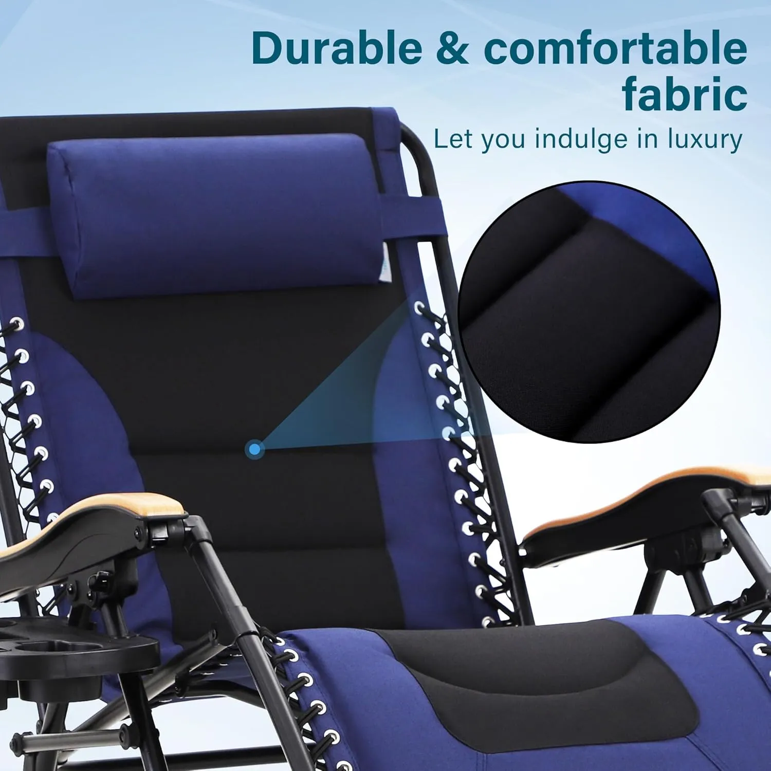 MFSTUDIO Zero Gravity Chairs, Oversized Patio Recliner Chair, Padded Folding Lawn Chair with Cup Holder Tray, Support 400lbs, Navy Blue