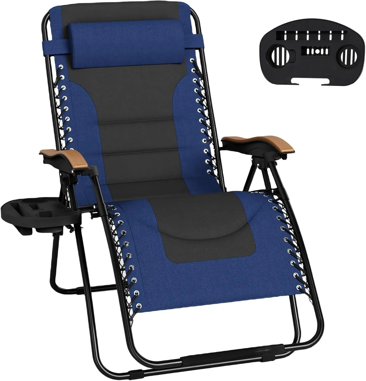 MFSTUDIO Zero Gravity Chairs, Oversized Patio Recliner Chair, Padded Folding Lawn Chair with Cup Holder Tray, Support 400lbs, Navy Blue
