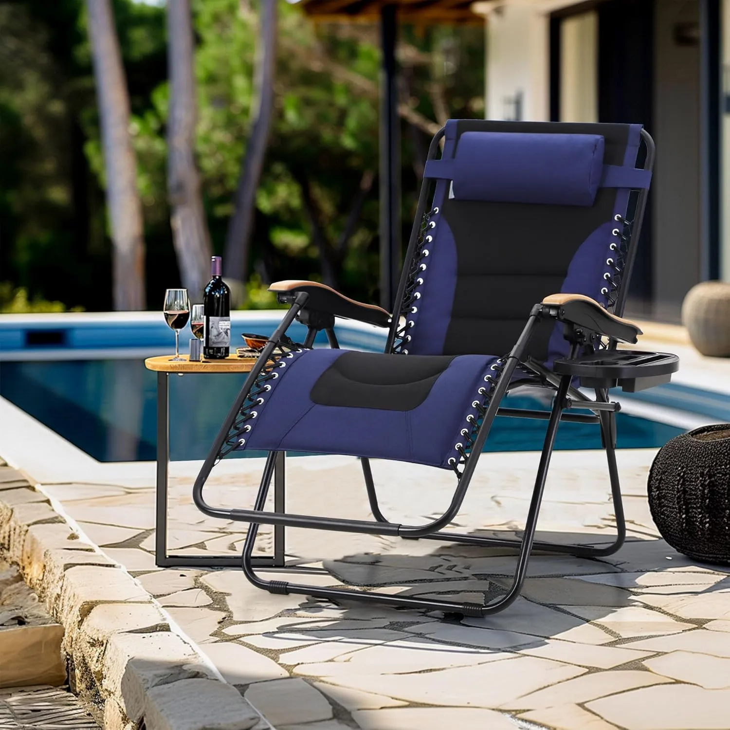 MFSTUDIO Zero Gravity Chairs, Oversized Patio Recliner Chair, Padded Folding Lawn Chair with Cup Holder Tray, Support 400lbs, Navy Blue