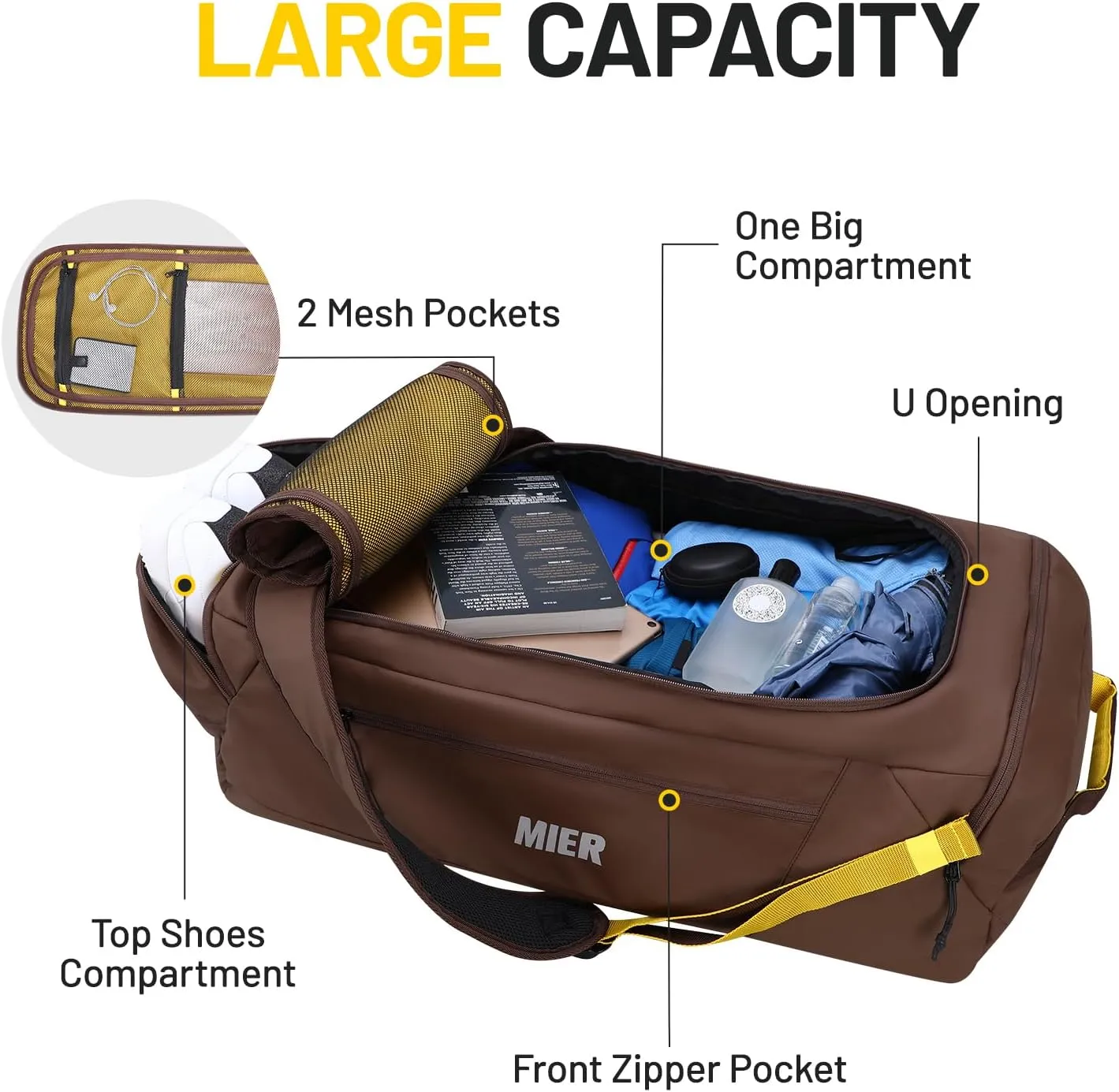 MIER Foldable Travel Duffle Backpack Lightweight Large Duffel Bag with Shoes Compartment for Traveling Camping Hiking Weekender for Men Women Water & Wear Resistant, 60L, Brown
