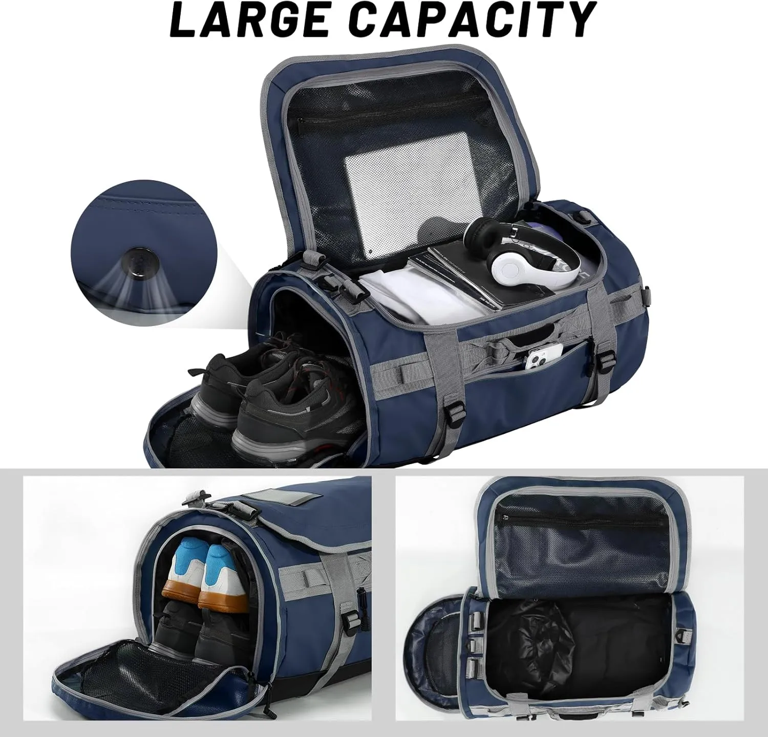 MIER Large Duffel Backpack Sports Gym Bag with Shoe Compartment, Heavy Duty and Water Resistant, Navy Blue, 45L