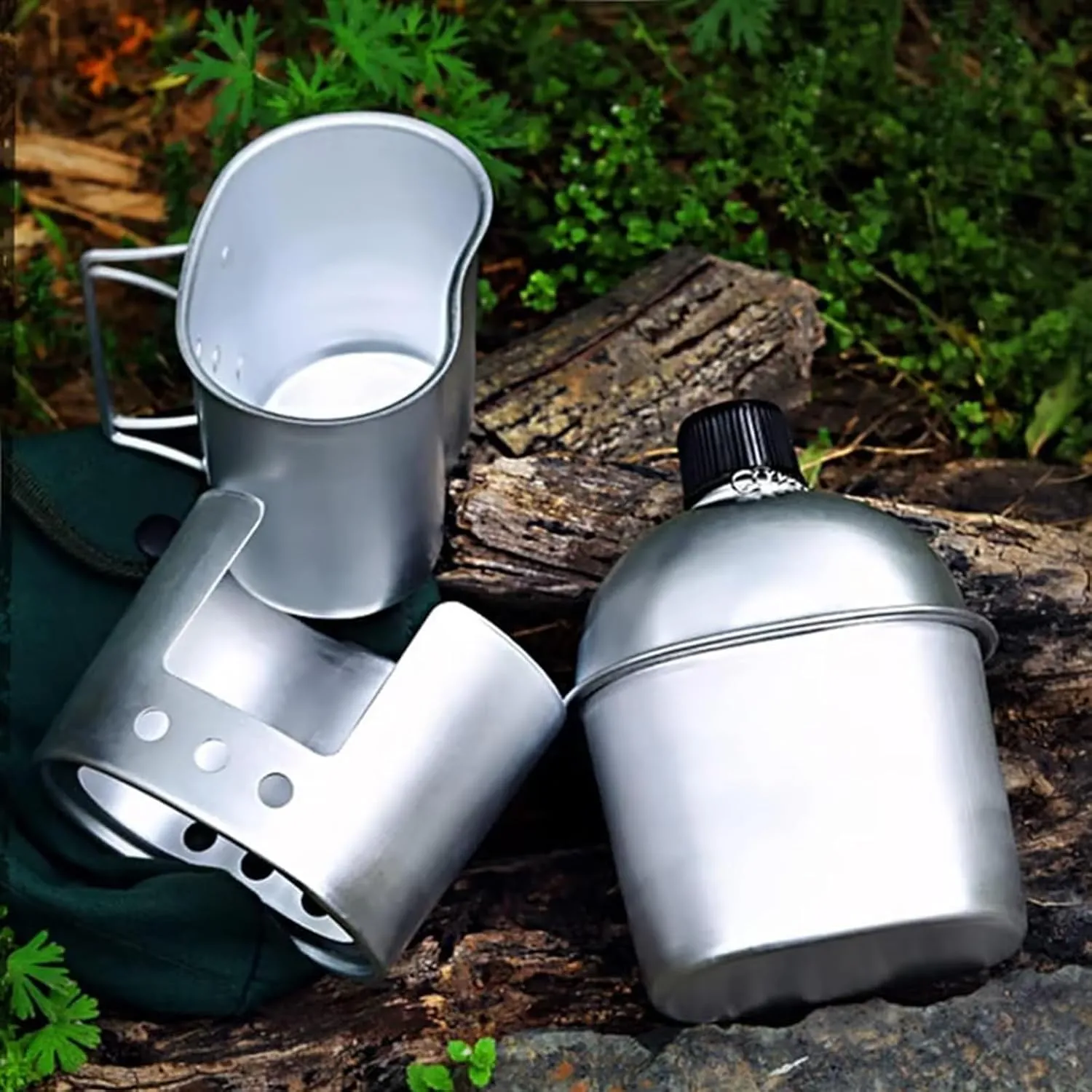 Military Canteen Set of 4, Canteen Cup Stove Pouch Kit for Outdoor Camping Survival Hiking Backpacking, Aluminum(1set)