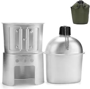Military Canteen Set of 4, Canteen Cup Stove Pouch Kit for Outdoor Camping Survival Hiking Backpacking, Aluminum(1set)