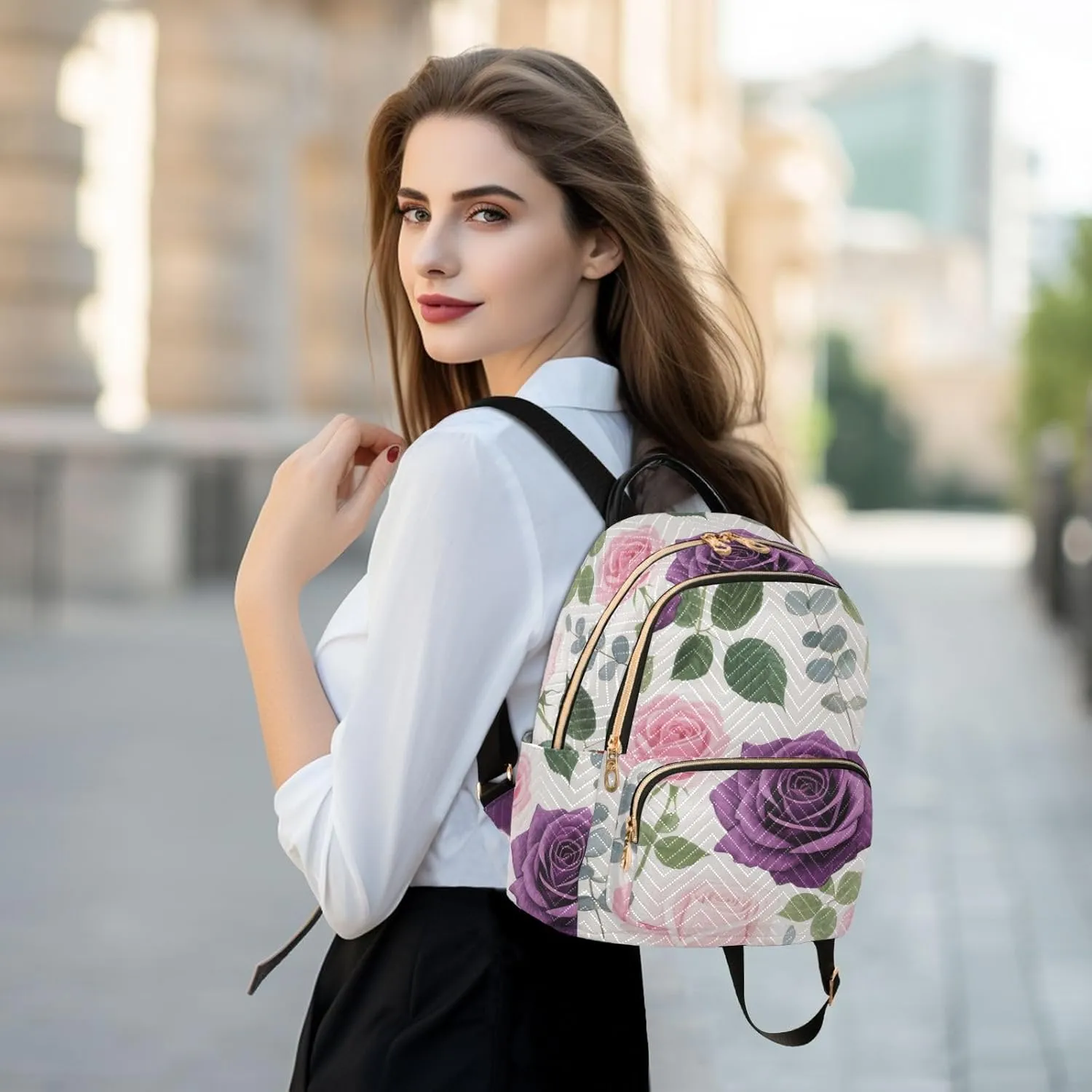 Mini Backpack Quilted Purse for Womens Small Backpack Daypack Rose Design for Travel Daily Camping,Multi12