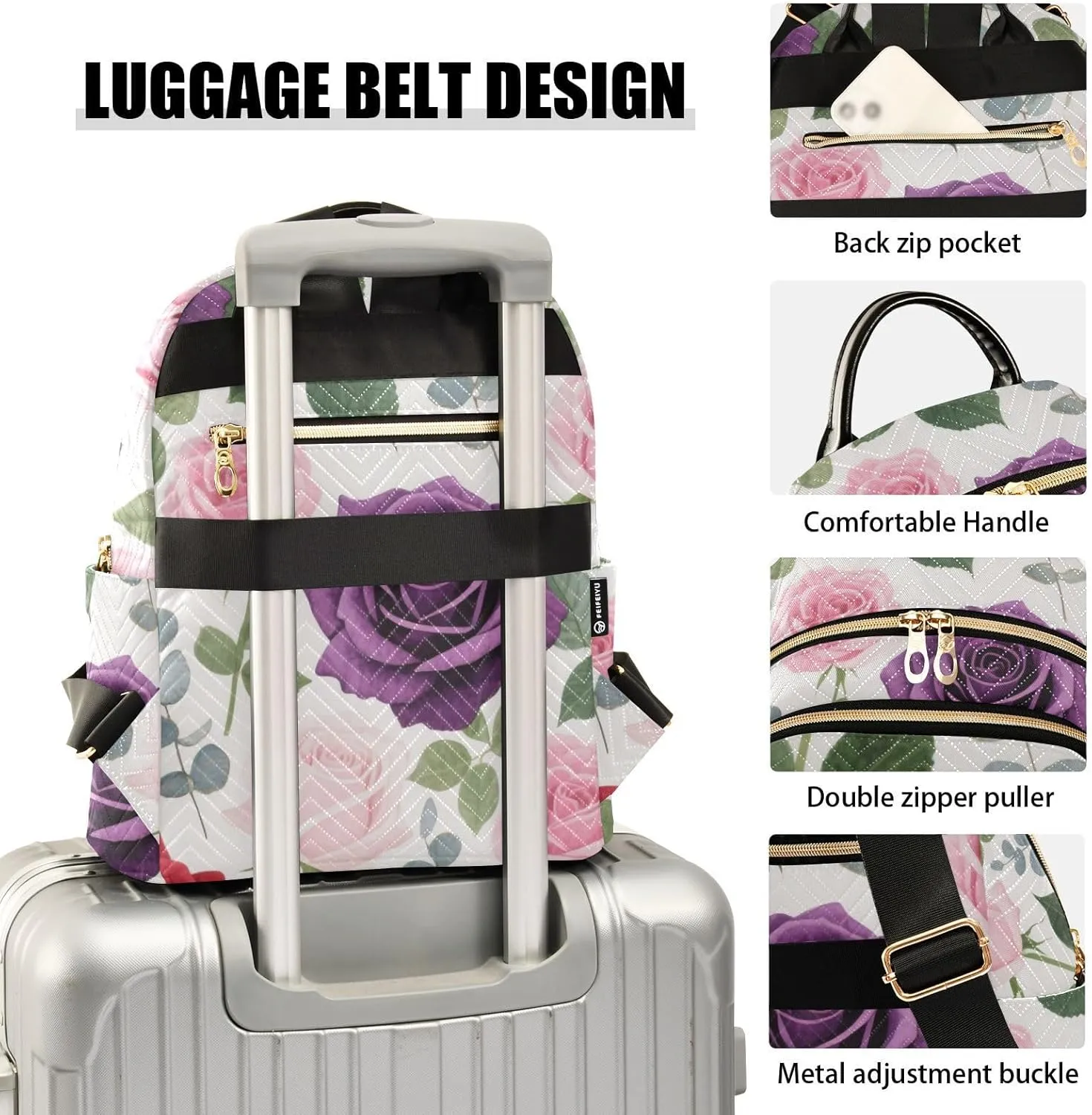 Mini Backpack Quilted Purse for Womens Small Backpack Daypack Rose Design for Travel Daily Camping,Multi12