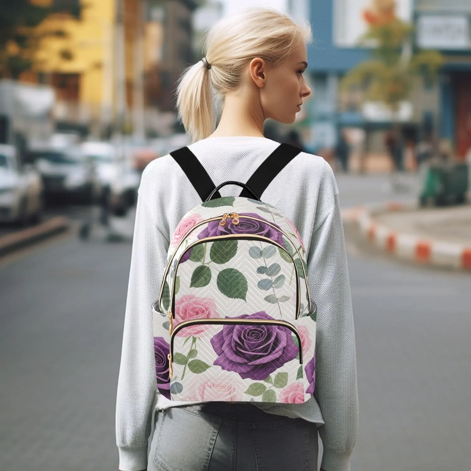 Mini Backpack Quilted Purse for Womens Small Backpack Daypack Rose Design for Travel Daily Camping,Multi12
