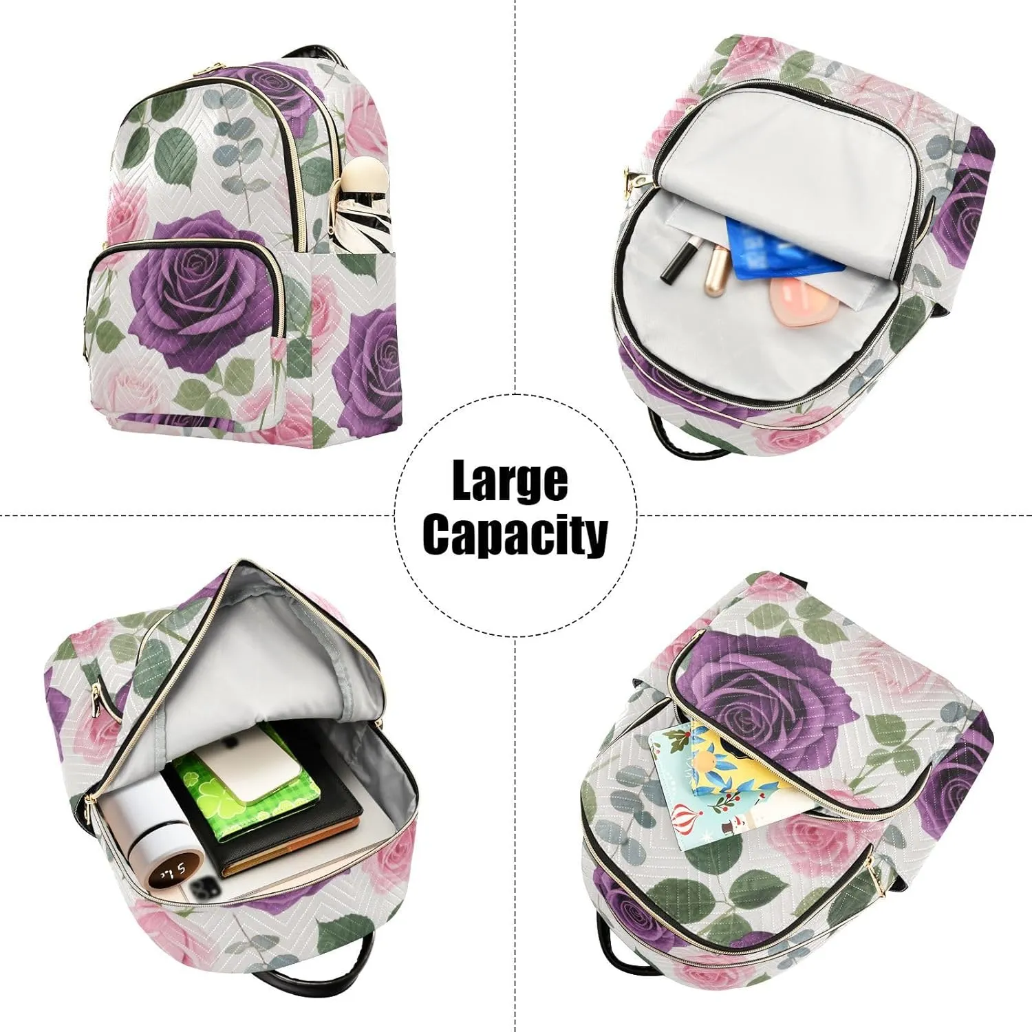 Mini Backpack Quilted Purse for Womens Small Backpack Daypack Rose Design for Travel Daily Camping,Multi12