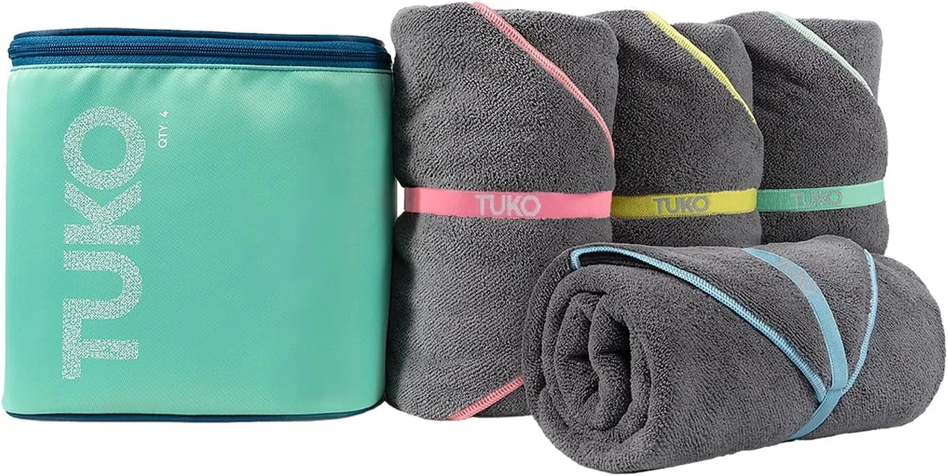 MISSION Tuko Microfiber Beach Towel Set with Water-Resistant Carrying Case for Boating and Swimming (Teal Bag Holder, 60L x 30W, Set of 4)