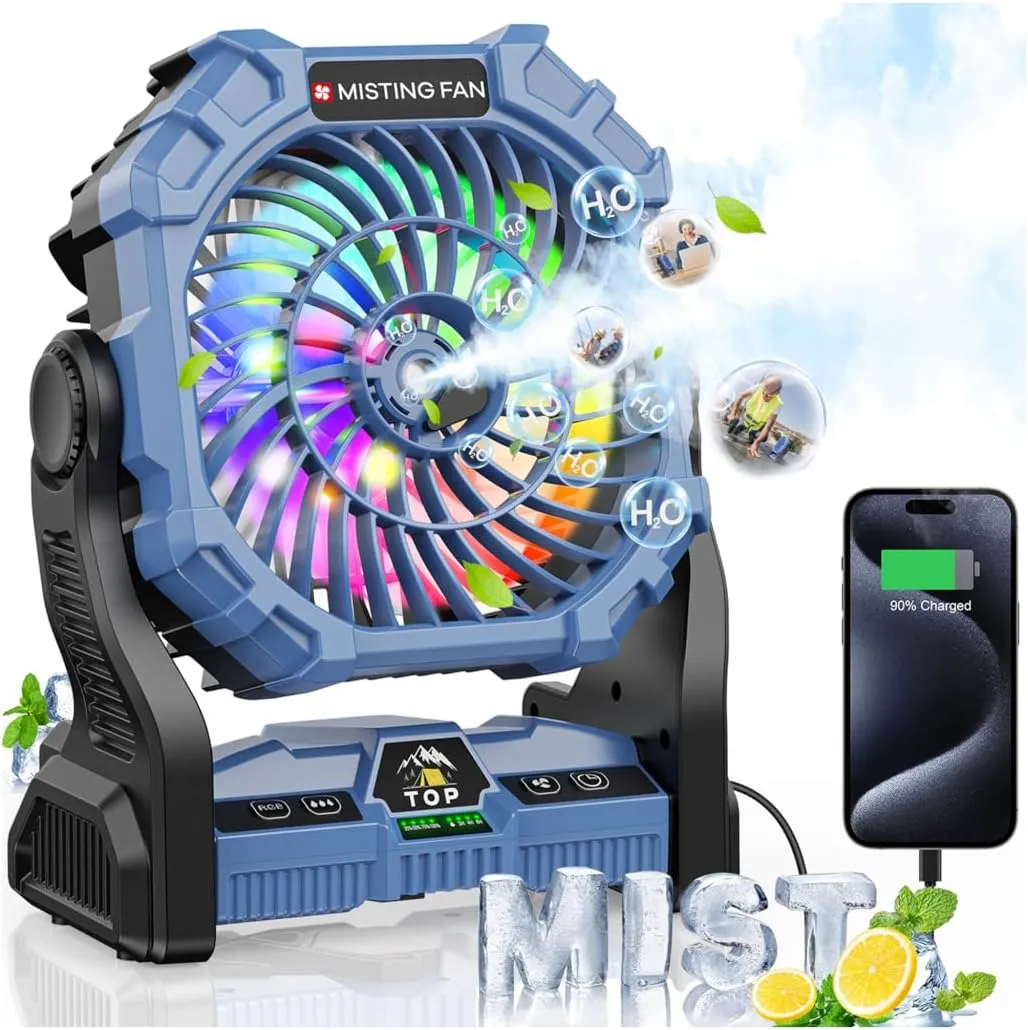 Misting Fan Portable with RGB Lantern, 30000 mAh Rechargeable Battery Operated Camping Mist Fan with Emergency Hurricane Supplies, Perfect Cooling Mister for Outdoor Travel