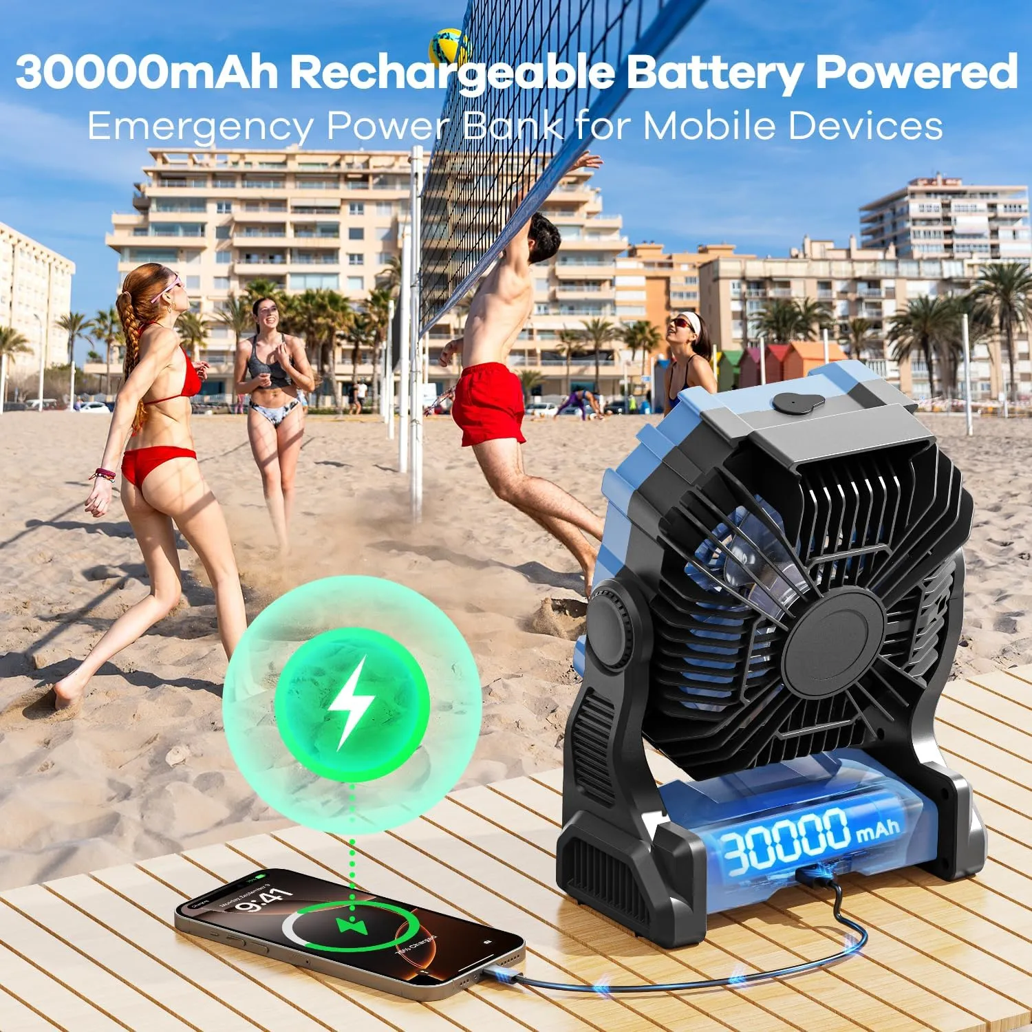 Misting Fan Portable with RGB Lantern, 30000 mAh Rechargeable Battery Operated Camping Mist Fan with Emergency Hurricane Supplies, Perfect Cooling Mister for Outdoor Travel
