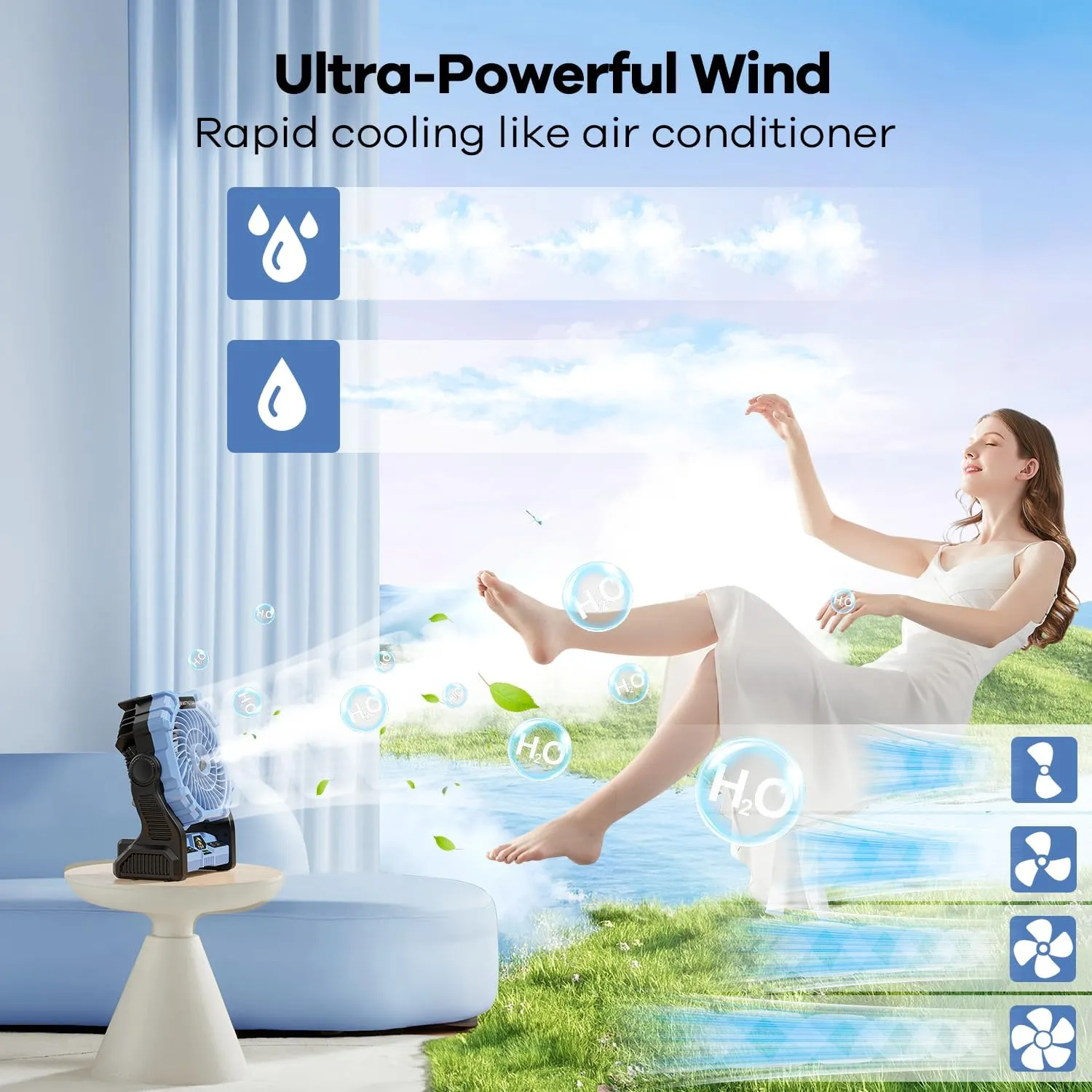 Misting Fan Portable with RGB Lantern, 30000 mAh Rechargeable Battery Operated Camping Mist Fan with Emergency Hurricane Supplies, Perfect Cooling Mister for Outdoor Travel