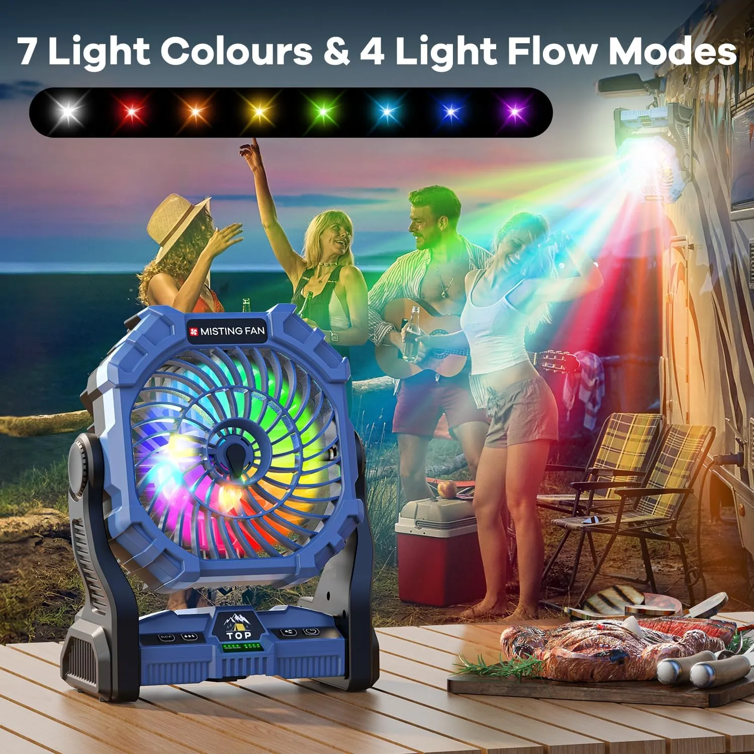 Misting Fan Portable with RGB Lantern, 30000 mAh Rechargeable Battery Operated Camping Mist Fan with Emergency Hurricane Supplies, Perfect Cooling Mister for Outdoor Travel
