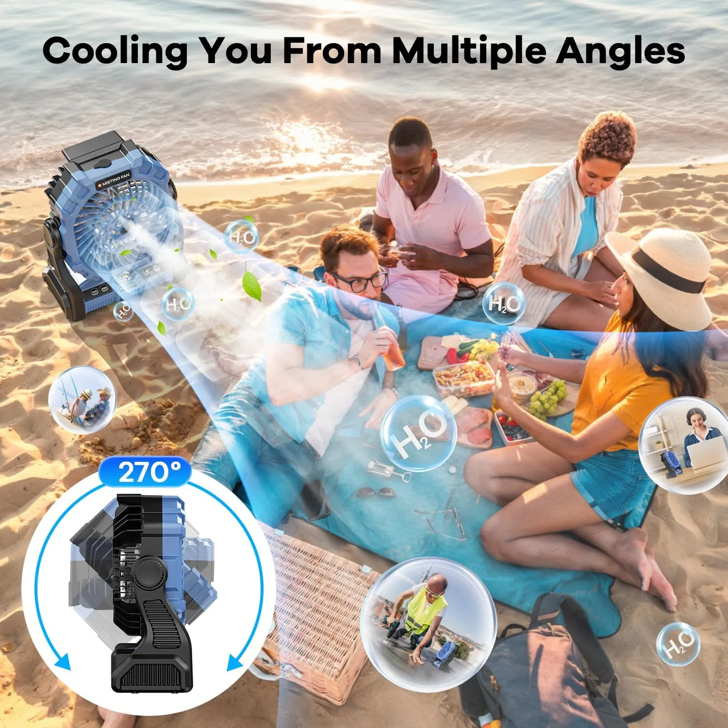 Misting Fan Portable with RGB Lantern, 30000 mAh Rechargeable Battery Operated Camping Mist Fan with Emergency Hurricane Supplies, Perfect Cooling Mister for Outdoor Travel