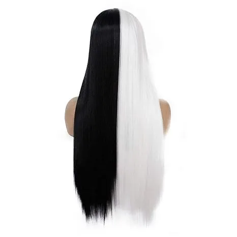 Mix Lace Front Synthetic Wig Half Black Half White #1001 for Women Glueless Long Straight Synthetic Hair Wigs Middle Part Heat Resistant Fiber 24 inches