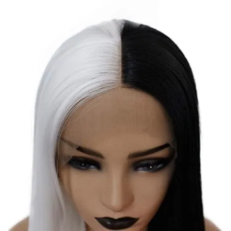Mix Lace Front Synthetic Wig Half Black Half White #1001 for Women Glueless Long Straight Synthetic Hair Wigs Middle Part Heat Resistant Fiber 24 inches