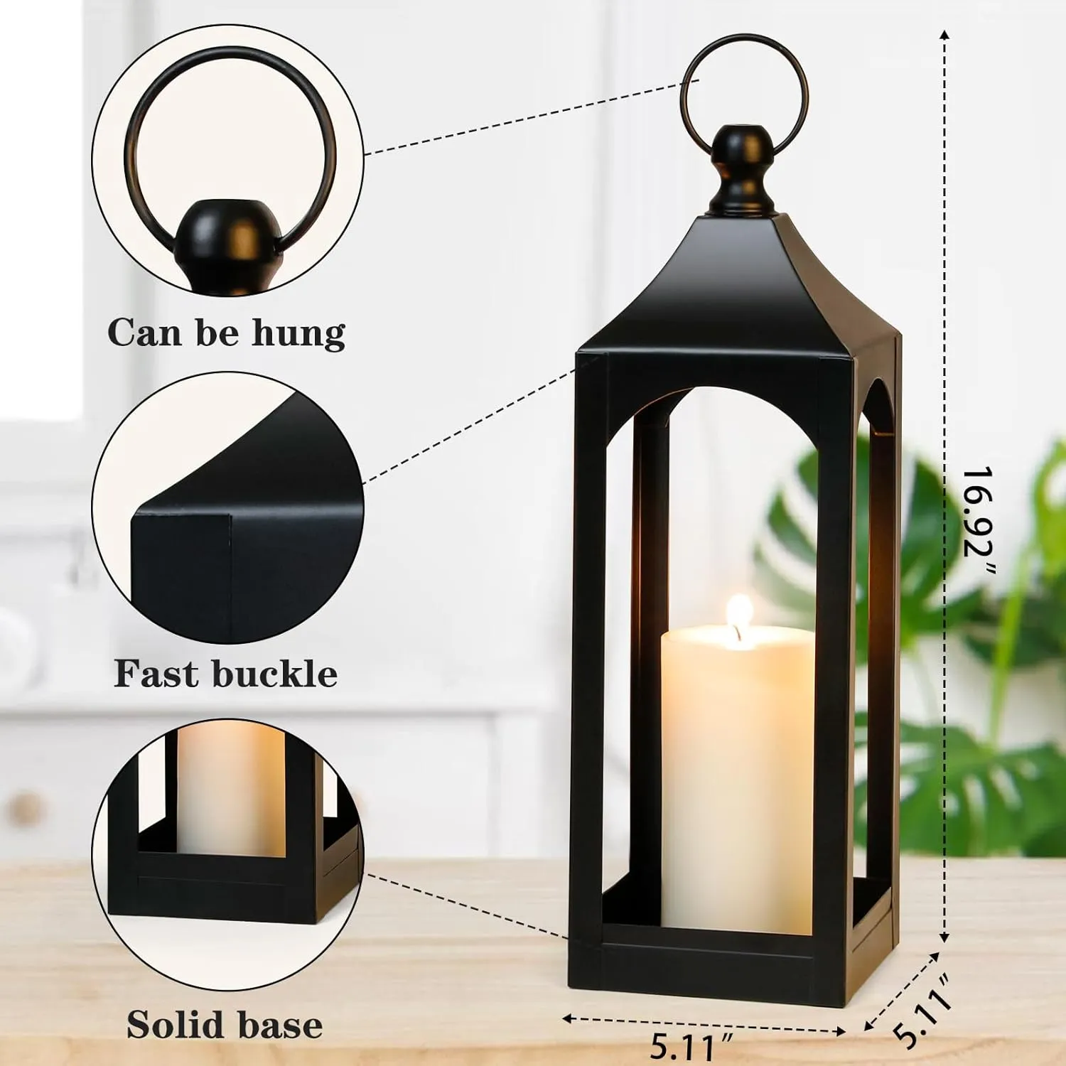 Modern Farmhouse Lantern Decor, Black Metal Decorative Hanging Candle Lanterns Ideal for Home Decor, Parties & Events, 17" High (No Glass Panel)