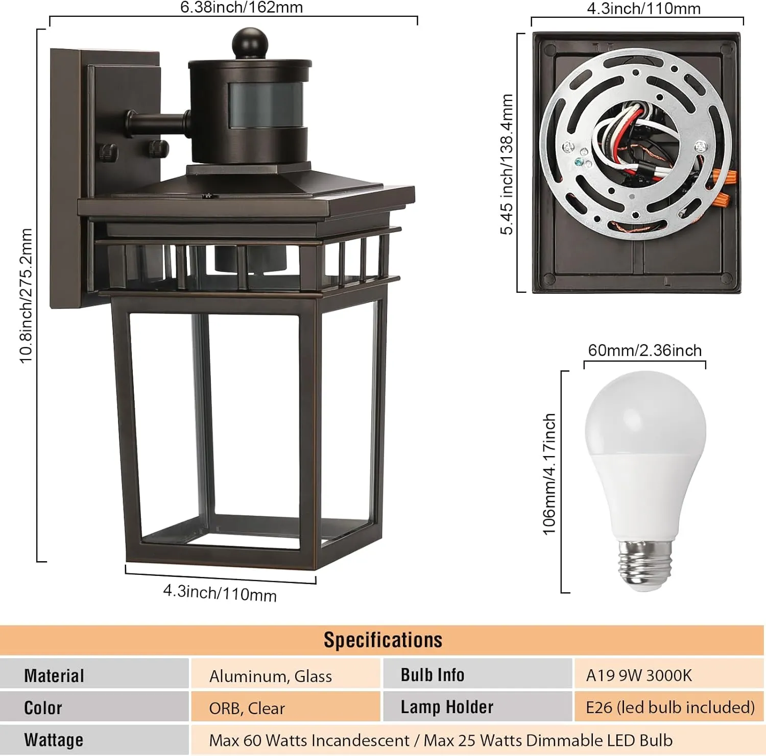 Motion Sensor Outdoor Wall Lantern with Remote Control, Dusk to Dawn Sensor Exterior Wall Light Outdoor Wall Sconce with Glass Shade Motion Activated Porch Light for Doorway, Garage, LED Bulb Included