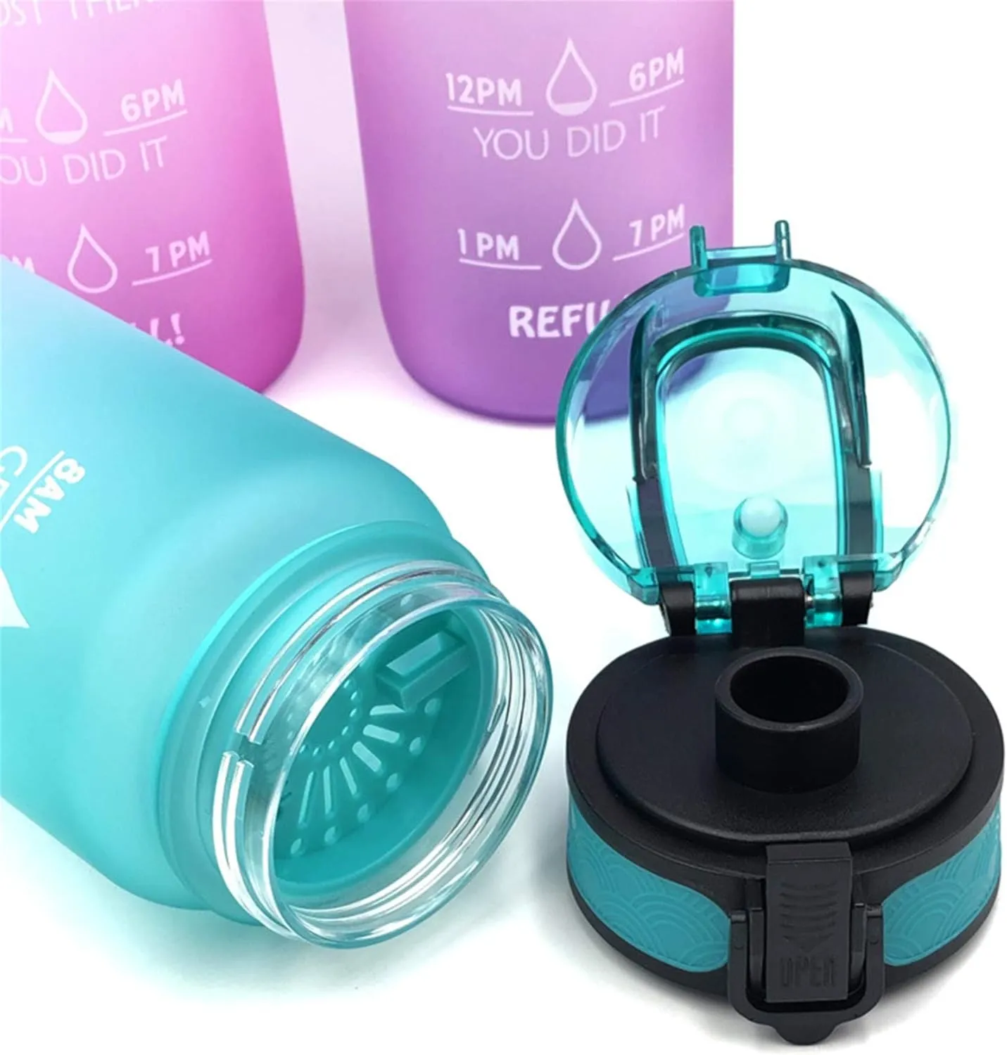 Motivational Water Jug Large Water Bottle Tritan 32oz BPA Free with Time Marker Reminder for Camping Fitness Gym Workouts Outdoor Sports, Purple/Orange