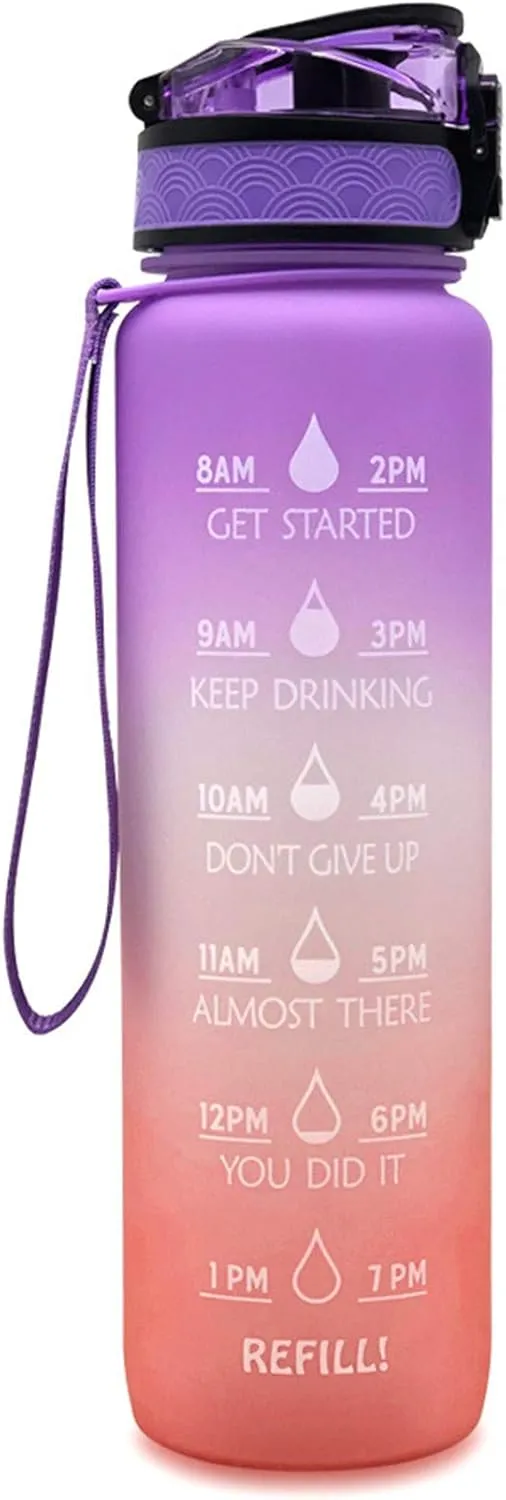 Motivational Water Jug Large Water Bottle Tritan 32oz BPA Free with Time Marker Reminder for Camping Fitness Gym Workouts Outdoor Sports, Purple/Orange