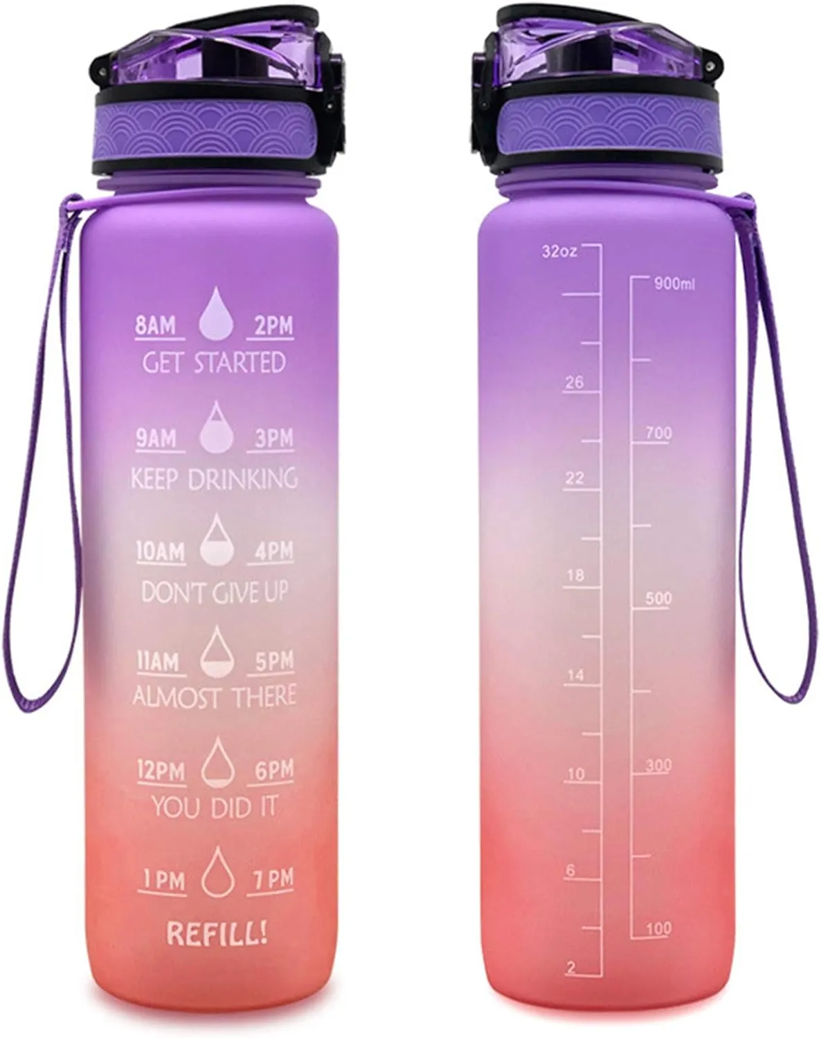 Motivational Water Jug Large Water Bottle Tritan 32oz BPA Free with Time Marker Reminder for Camping Fitness Gym Workouts Outdoor Sports, Purple/Orange