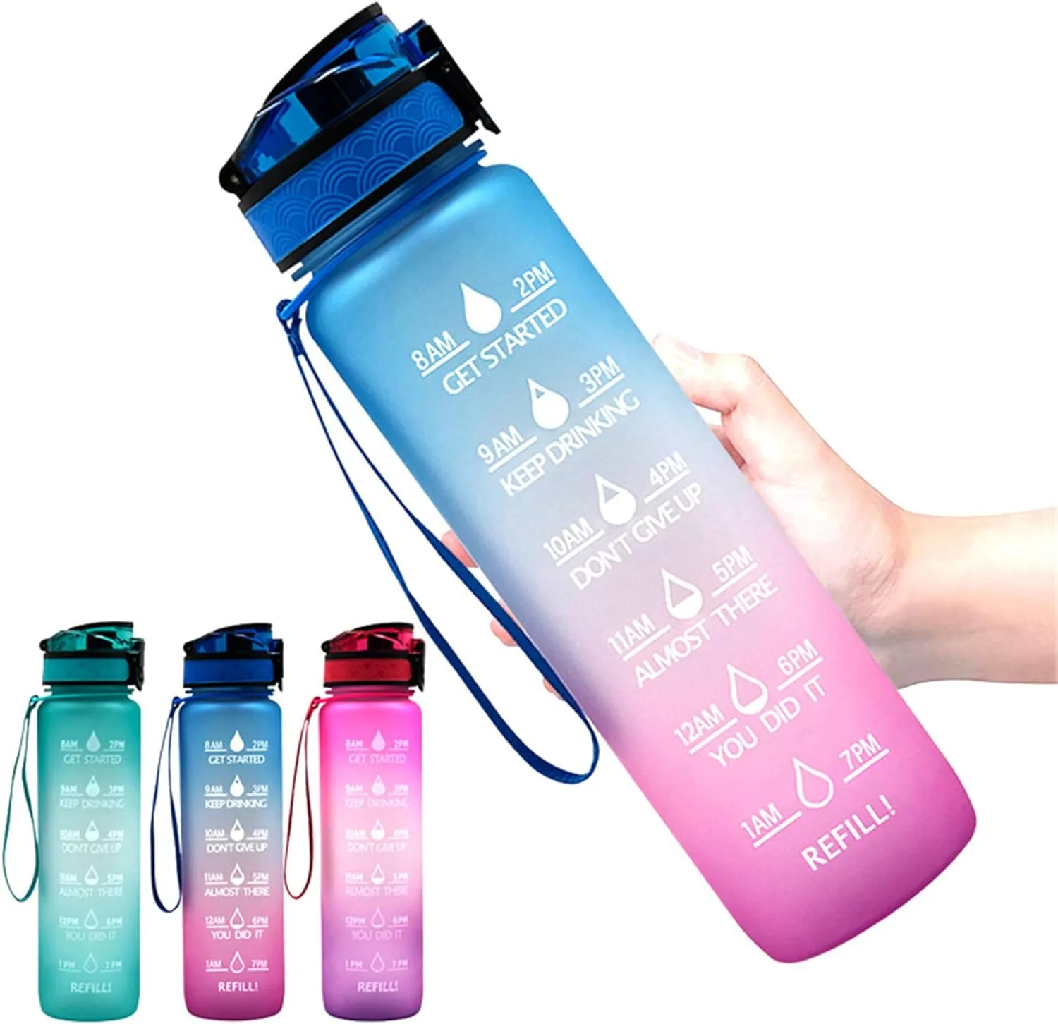 Motivational Water Jug Large Water Bottle Tritan 32oz BPA Free with Time Marker Reminder for Camping Fitness Gym Workouts Outdoor Sports, Purple/Orange