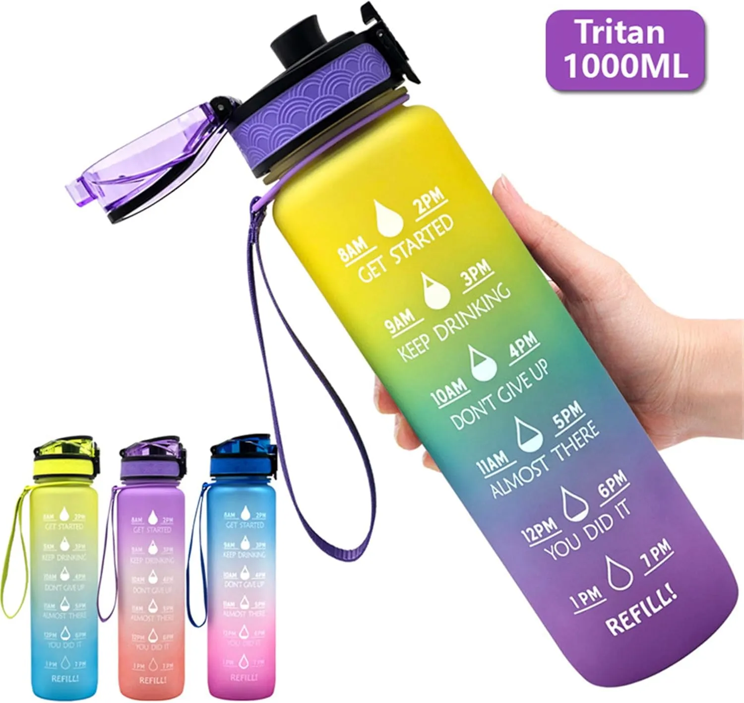 Motivational Water Jug Large Water Bottle Tritan 32oz BPA Free with Time Marker Reminder for Camping Fitness Gym Workouts Outdoor Sports, Purple/Orange
