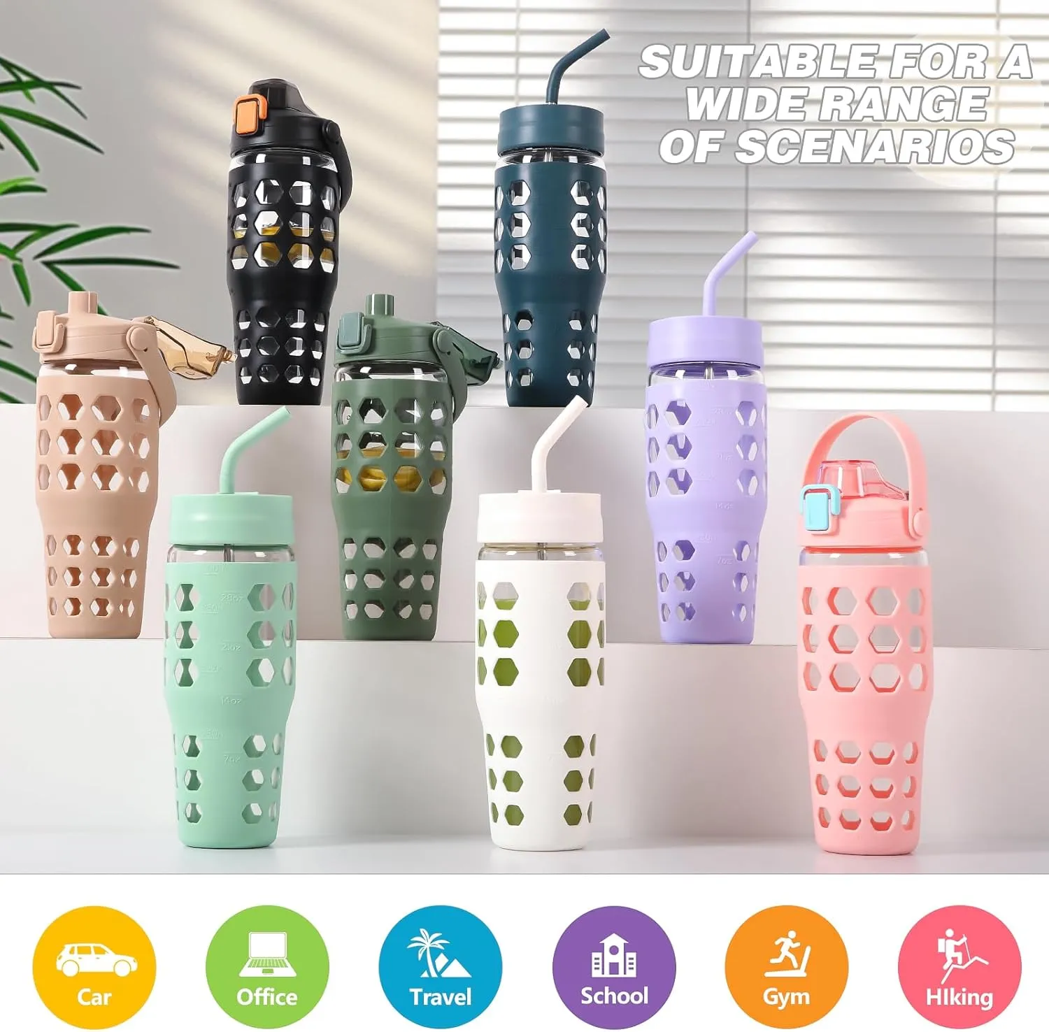 MUKOKO 32 oz Glass Tumbler with Straw,Glass Water Bottles with Time Marker,Iced Coffee Cup with 2 Lids-Handle Spout Lid&Straw Lid,Silicone Sleeve,Leakproof,1 Pack-Blue